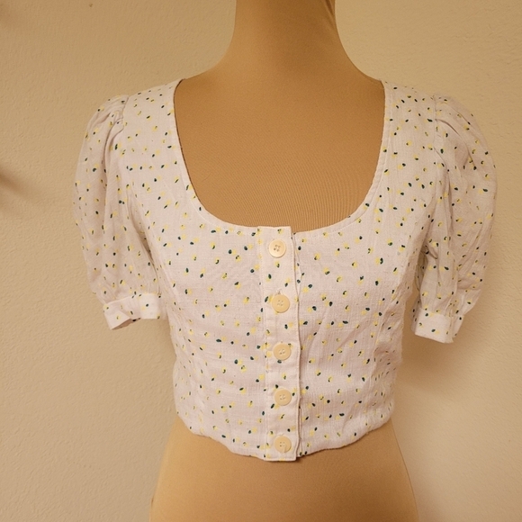 Staud Floral Scoop Neck Crop Top Princess Sleeves - Picture 1 of 4